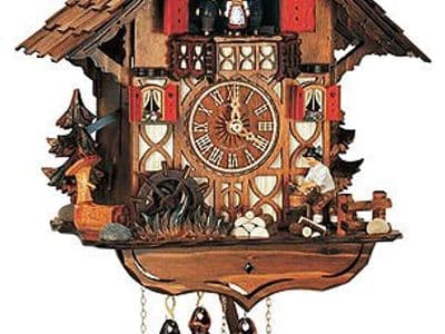 Horloge à coucou allemande en forme de chalet en bois avec personnages